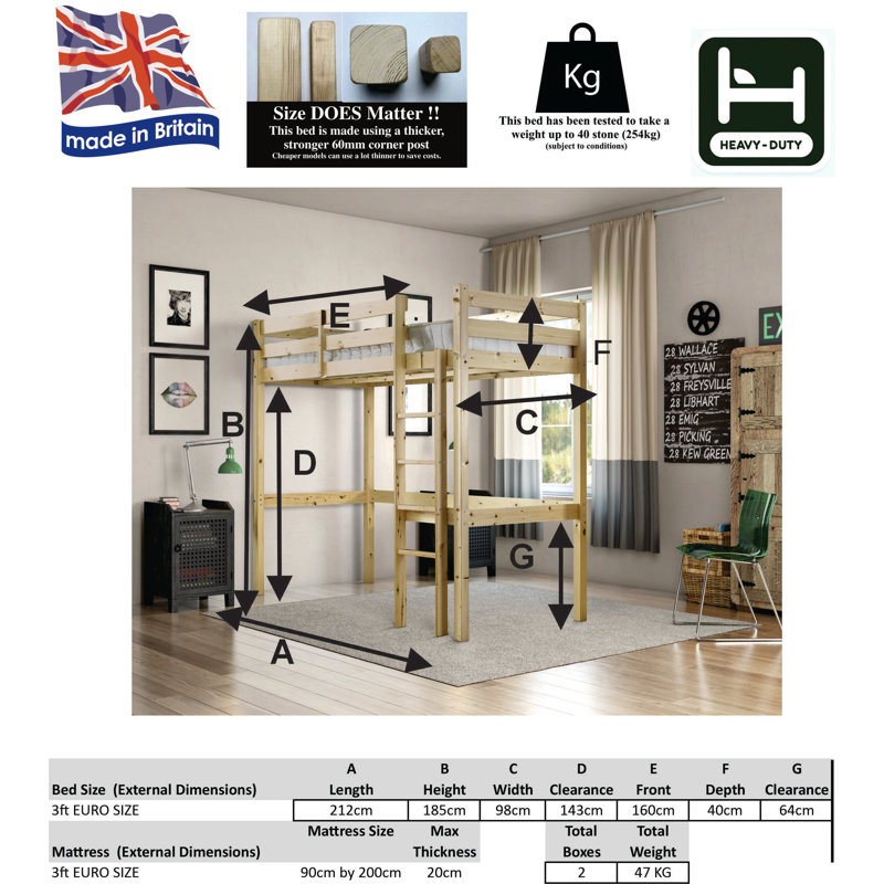 Luna European Single (90 x 200cm) High Sleeper Loft Bunk Bed