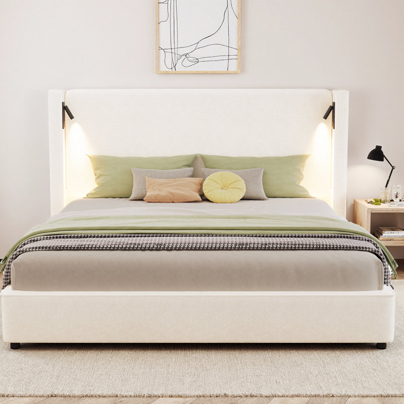 King Size Upholstered Platform Bed Frame with High Wingback Headboard, Built-In Reading Lamp and USB Charging Port, Soft Fabric Foam Padding, No Box Spring Needed