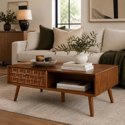 Farmhouse Coffee Table with Hidden Drawer, Open Shelf, and Solid Wood Legs