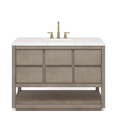 Oakman 48 In. Double Sink Carrara White Marble Countertop Bath Vanity In Grey Oak With Gold Faucets