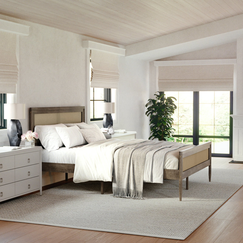 Martha Stewart Jax Wooden Platform Bed With Rattan Inset Headboard And Footboard, Queen, Brown