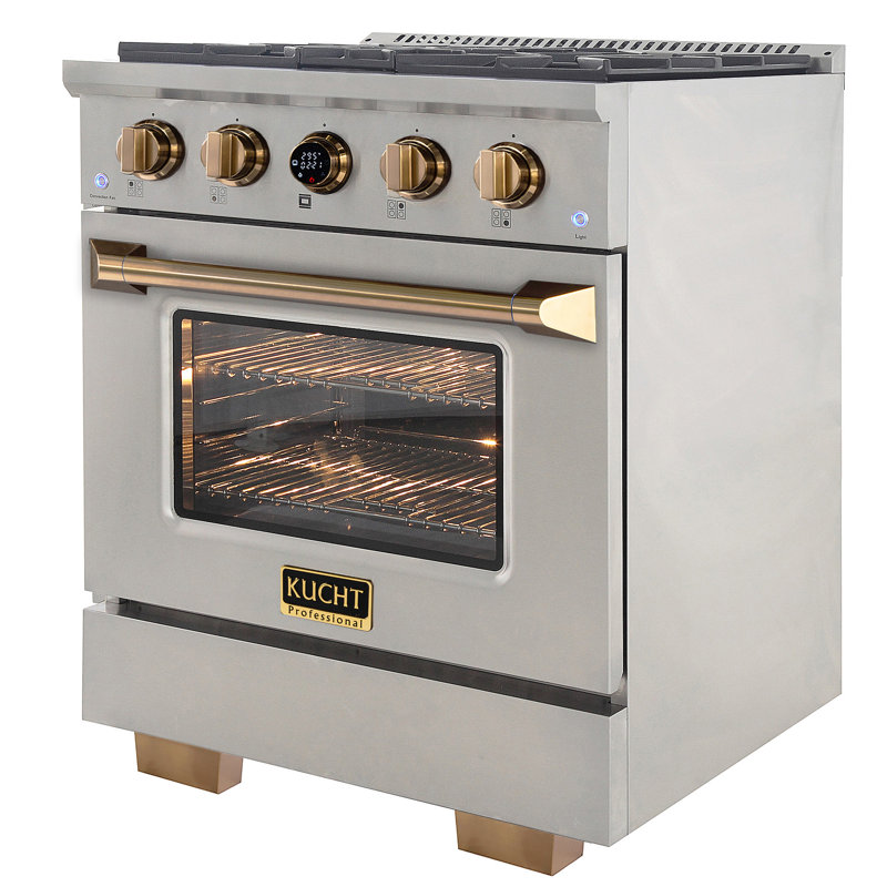 KUCHT 30 in. 4.2 cu. ft. 4 Burners Dual Fuel Range for Natural Gas in Stainless Steel with Gold Accents and Kucht Horus Thermostat