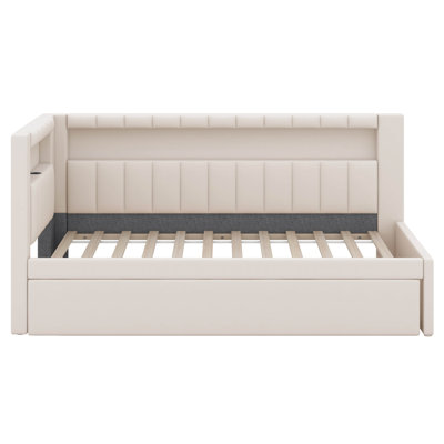 Upholstered Platform Bed with USB Ports and LED Belt, With Trundle