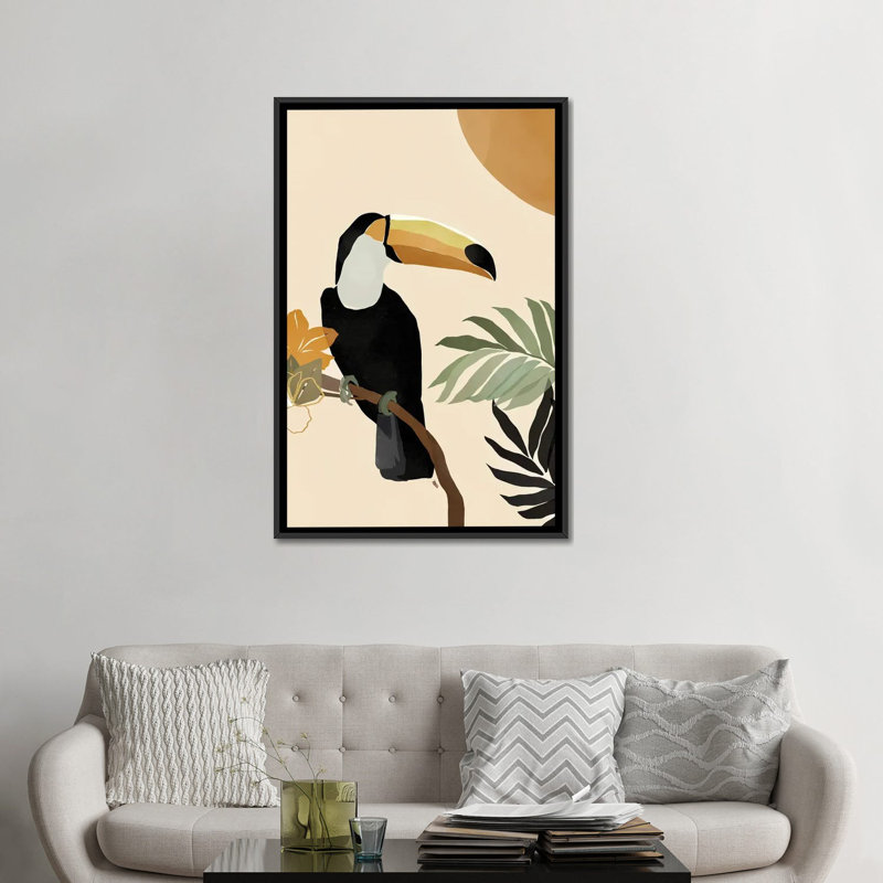 Impression d’art graphique, "Toucan" par Brie Nicole, H 48 po x l 32 po x P 1,5 po, Toile avec cadre noir, Pas de tapis