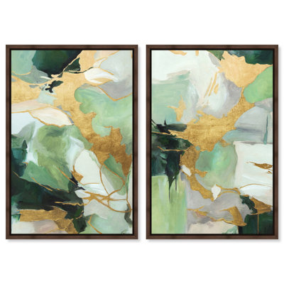 Ensemble de décoration murale encadrée dorée Gold Duo par Art Remedy, cadre noyer, 30 x 45