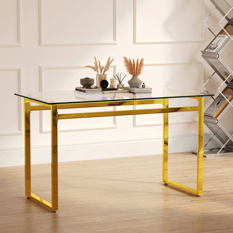 51" Modern Minimalist Rectangular Glass Dining Table For 4-6 With 0.31" Tempered Glass Tabletop And Chrome Metal Legs, Writing Table Desk, For Kitchen Dining Living Room
