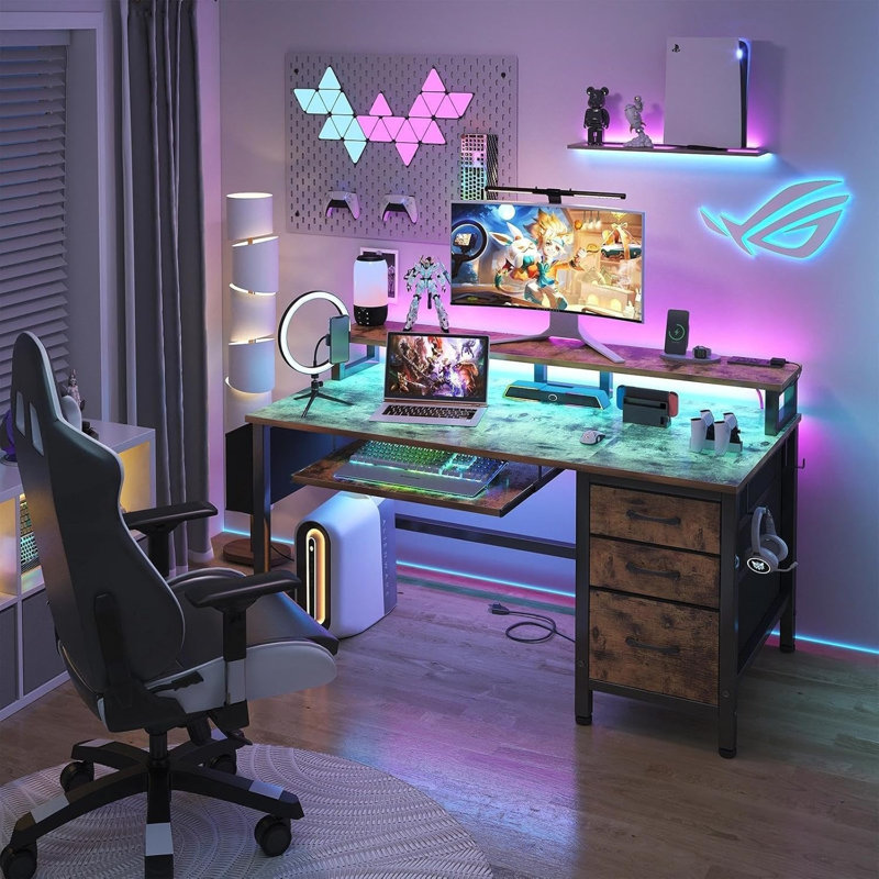 Brown Office Desk With File Cabinet - Computer Desk With Keyboard Tray Drawers Storage Monitor Stand