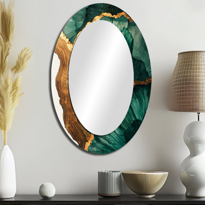 Emerald Leaves Wood Slide III - Miroir mural ovale moderne