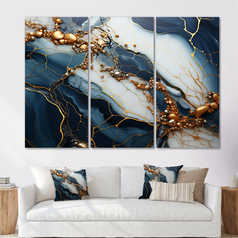 Encre de marbre dorée et bleue - Art mural en marbre, Toile tendue, H 32 po x l 48 po x P 1 po
