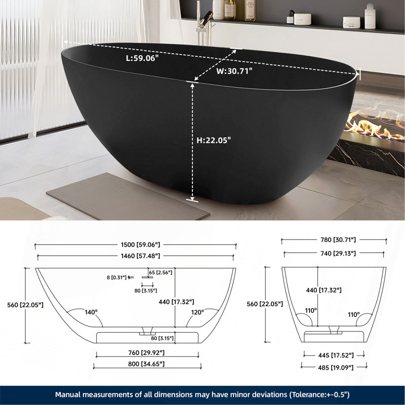 Baignoire profonde 59 "à surface solide de qualité supérieure 59", Noir mat