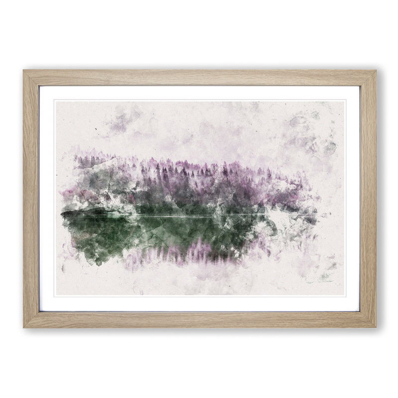 Fog Over Forest In Italy Watercolour - Single Picture Frame Print on MDF, Oak Framed, 62cm H x 87cm W x 2cm D