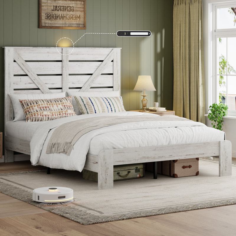 Farmhouse Queen Bed Frame with Tall Headboard, Wooden Platform Bed Frame with Charging Station & Led Lights，Noise Free,No Box Spring Needed and Easy Assembly，White