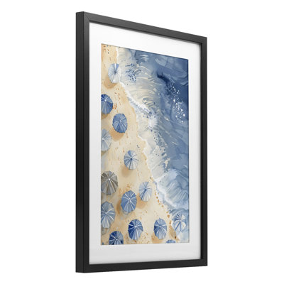 Parapluies de plage bleu aérien, reproduction encadrée sous verre, design par LSR Design Studio