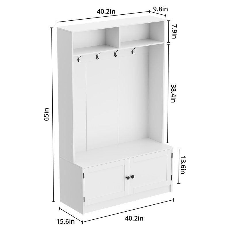 White Wooden Hall Tree with Storage Bench and Coat Rack