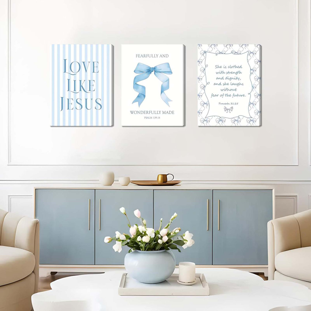 Blue Bow Jesus Wall Art Decor, Light Blue Coquette Dorm Room Wall Decor Paintings, Inspirational Bible Verses Canvas Posters Prints Pictures For Girls