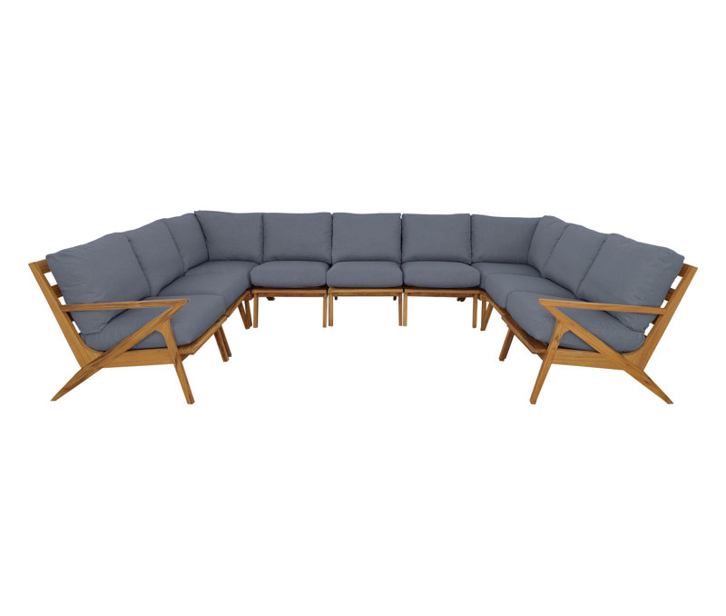 Hatteras 143" Wide Outdoor Teak U-Shaped Patio Sectional with Cushions, Gray