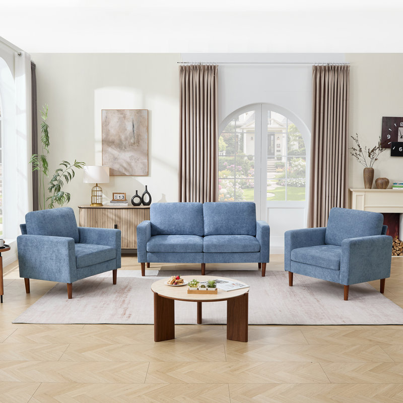 Ensemble de salon moderne avec 2 chaises d'appoint et causeuse, meubles rembourrés de style Mid-Century, Chenille bleu clair