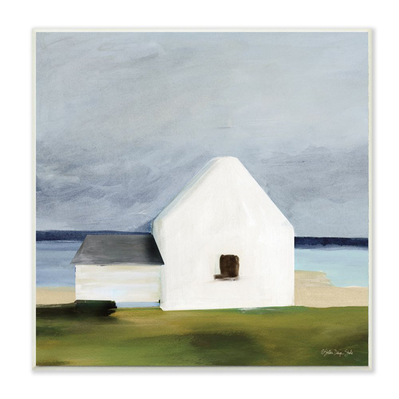 Maison de campagne blanche sous le ciel gris-impression d’art graphique, Plaque murale, H 12 po x l 12 po x P 0,5 po