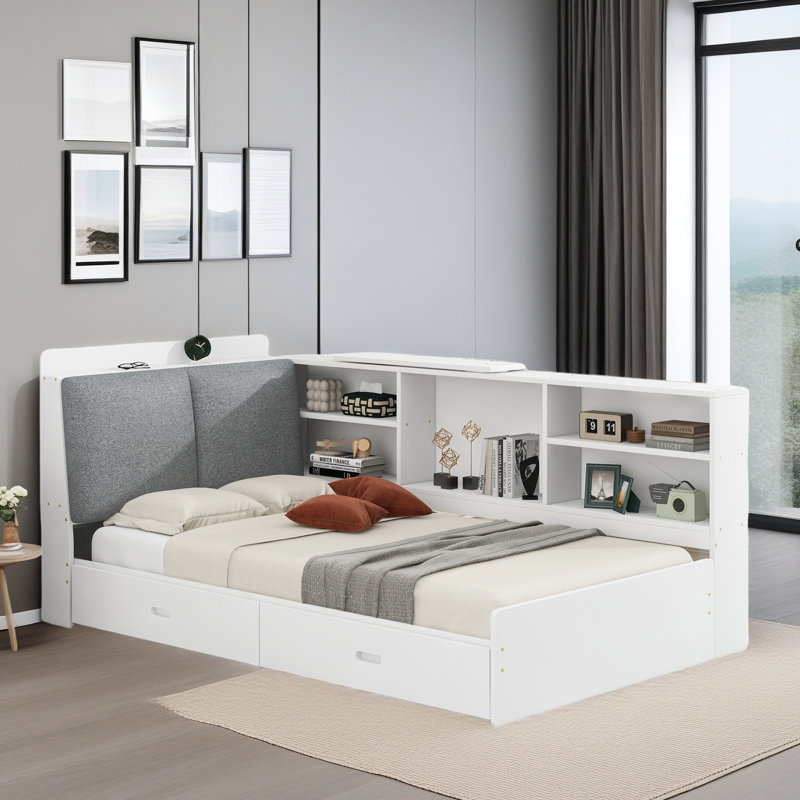 Platform Bed With Upholstered And Storage Headboard, Rotatable Board, Storage Shelves And 2 Drawers, White