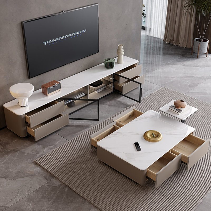 Meuble télé moderne avec plateau en pierre avec rangement en verre et tiroir, 18.5" H x 86.6" W x 15.7" D