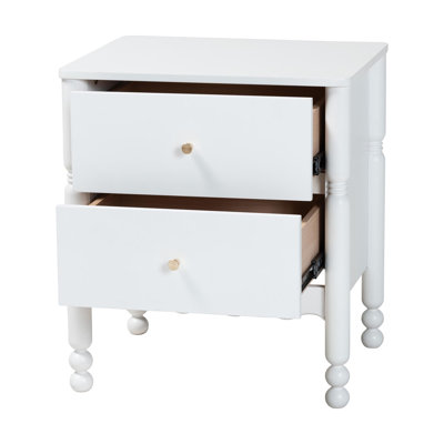 Baxton Studio Weinberg Nightstand - 2-Drawer Bedside Table with Scalloped Apron and Turned Legs for Bedroom, White