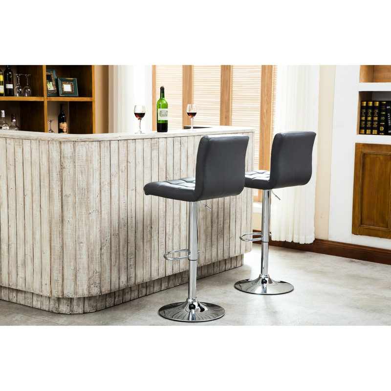 2Pcs Gray Faux Leather Stools With 360 Degree Swivel, Adjustable Hydraulic Height And Base Swivel Bar Stool Two - Leather, Base, Rotation, Height, Comfort Foam