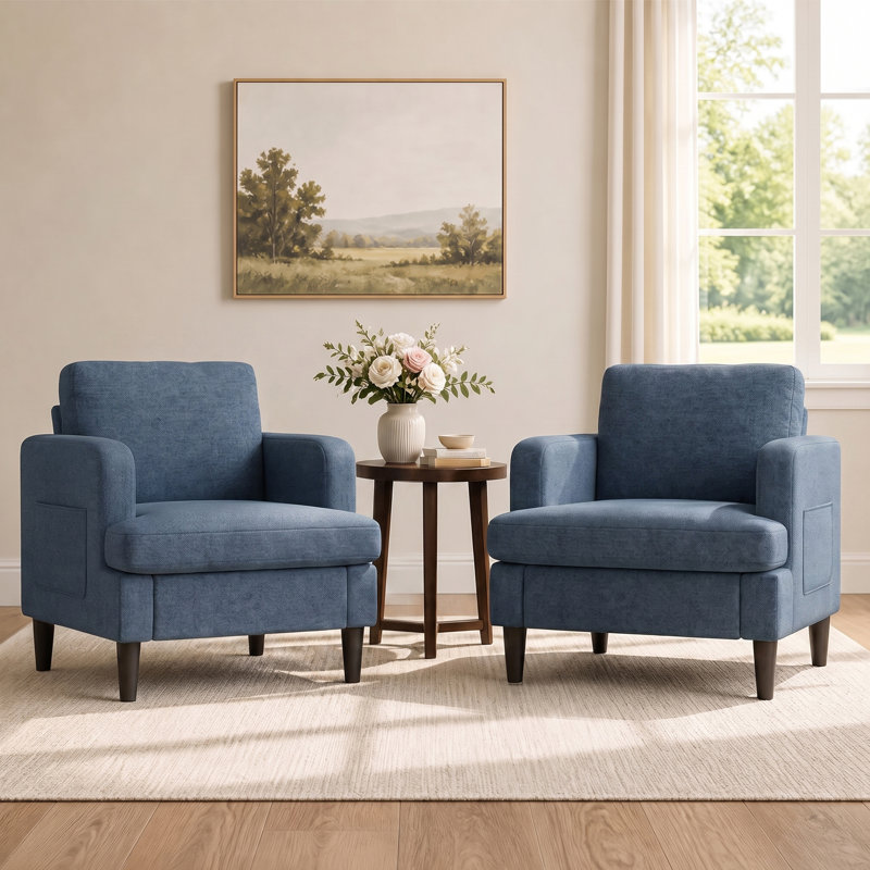 Fauteuil d'appoint rembourré moderne avec accoudoirs larges, poche de rangement latérale et dossier ergonomique, Blue