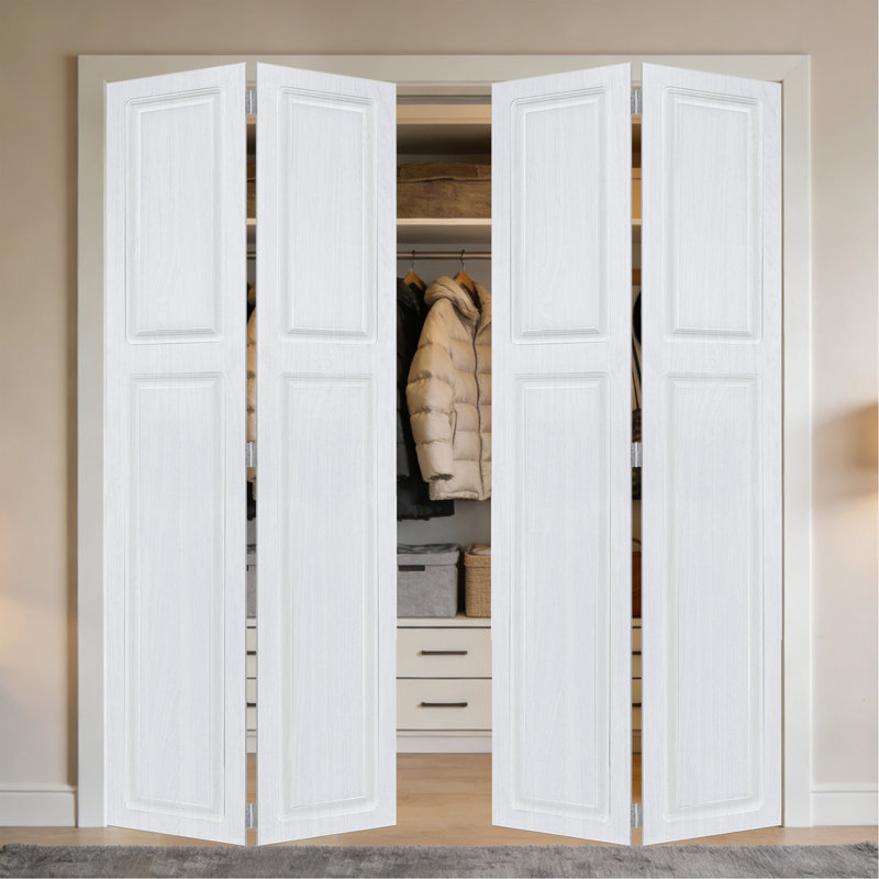 Double à 2 panneaux pliables de 96 po x 48 po Porte de grange coulissante en bois de noyer blanc avec ensemble de quincaillerie