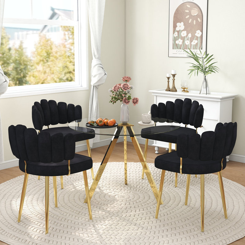 Round Glass Dining Table Set, Black, 39inch, 5 Pieces: Table, 4 Chairs