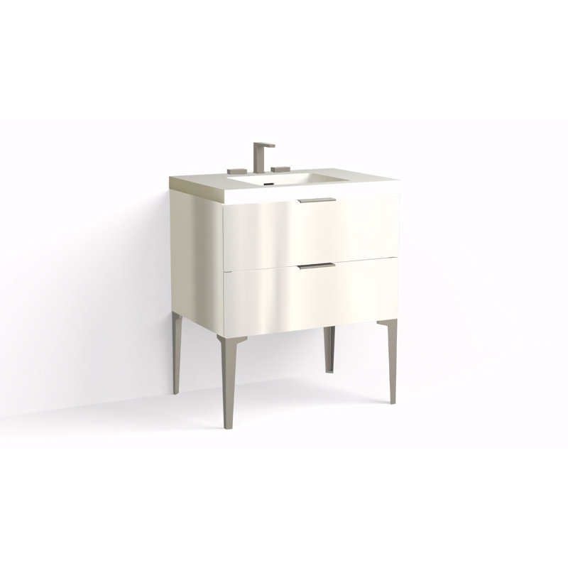 Avila 30" W Freestanding Single Bathroom Vanity with Dean Leg, Matte White/8" Widespread, White Acrylic, Satin Nickel