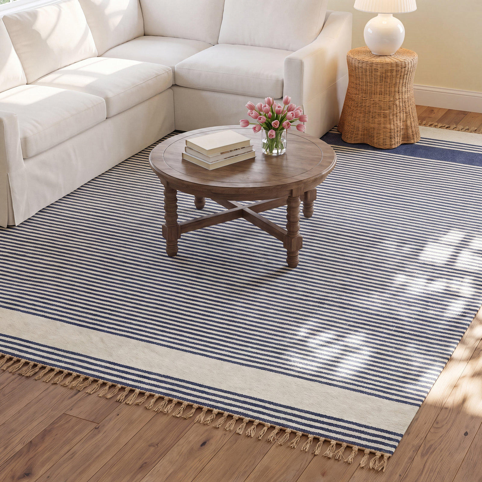 Brocka Blue White Hand-Woven Striped Outdoor Rug, Rectangle 8'10" x 11'9"
