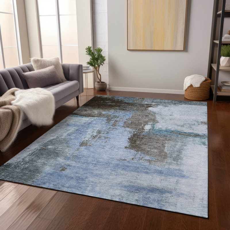 Blue Abstract Washable Synthetic 3' x 5' Area Rug