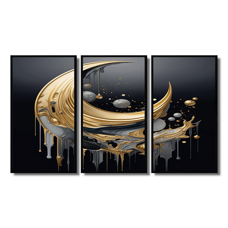 New Moon Rising Gold - ensemble de reproductions d'art murales géométriques, Cadre flottant noir, H 32 po x l 48 po x P 1 po