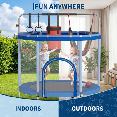 Trampoline enfant 152 cm avec filet de sécurité et barre de gymnastique réglable, certifié conforme aux normes d'essai, pour une utilisation intérieure et extérieure, pour les enfants de 3 à 6 ans, capacité de 200 kg, bleu