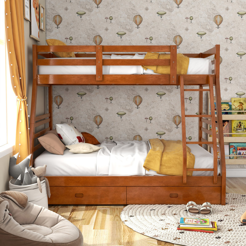 Briyith Kids Twin Over Full Bunk Bed with Drawers, Oak