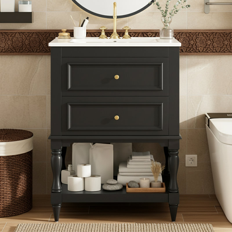 Meuble-lavabo avec lavabo et tiroirs en céramique, Black