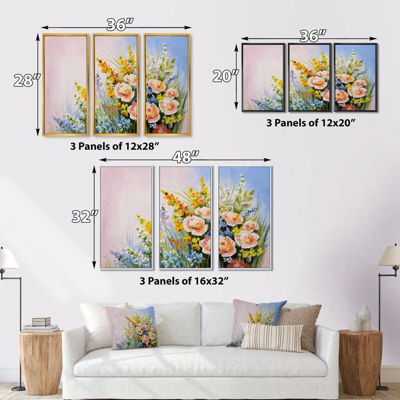 Fleurs d'été roses et jaunes - ensemble d'art mural sur toile traditionnel encadré de 3, H 28 po x l 36 po x P 1 po, Noir