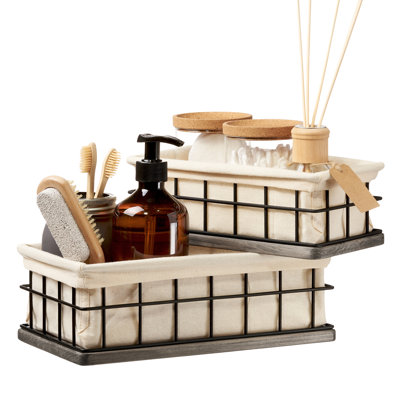 Baobab Workshop Wood and Wire Baskets Set, Bathroom Basket Storage