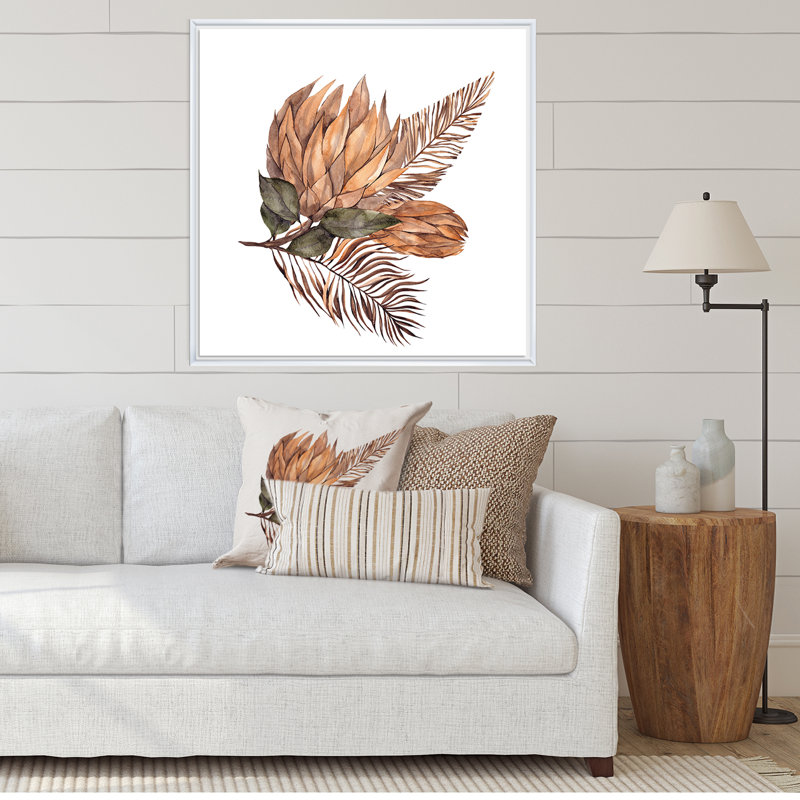 Bouquet de fleurs séchées, feuilles de Pampas, herbe V - reproduction d'art sur toile traditionnelle, Cadre flottant blanc