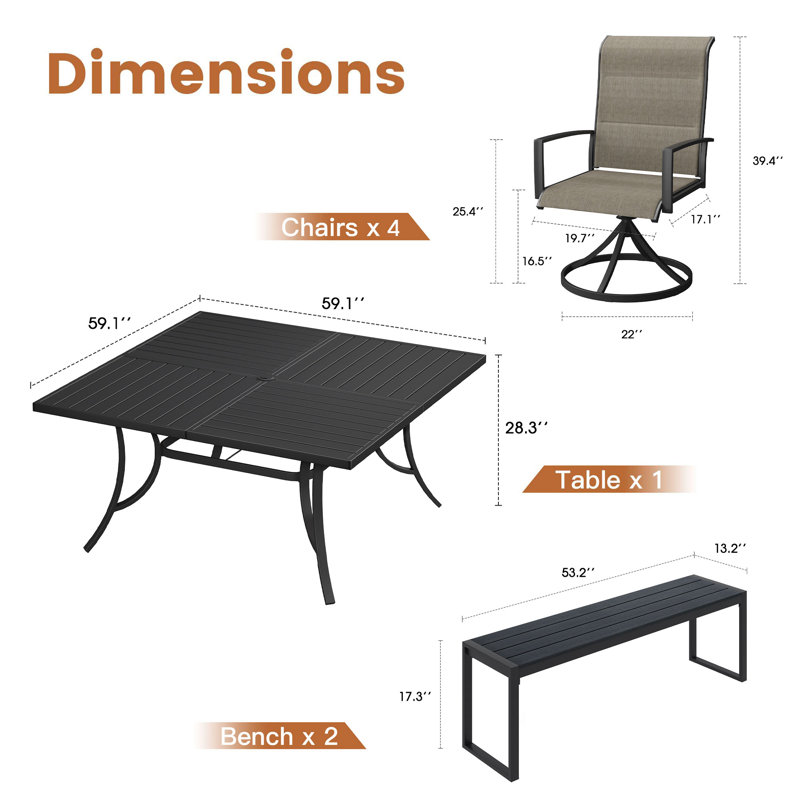 Ensemble de table de salle à manger 59 po avec 4 chaises pivotantes rembourrées en polyester enduit de PVC et 2 bancs