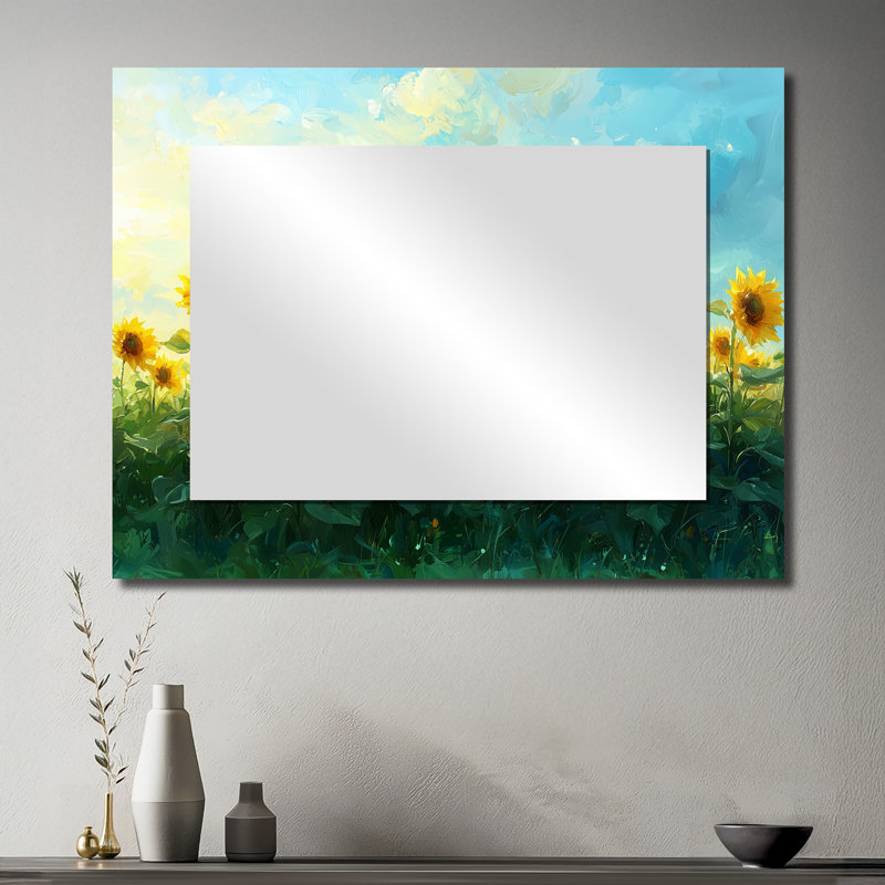 Champ de tournesols champêtre Horizon I - décoration murale miroir floral - imprimé sur métal, 30 po x 40 po