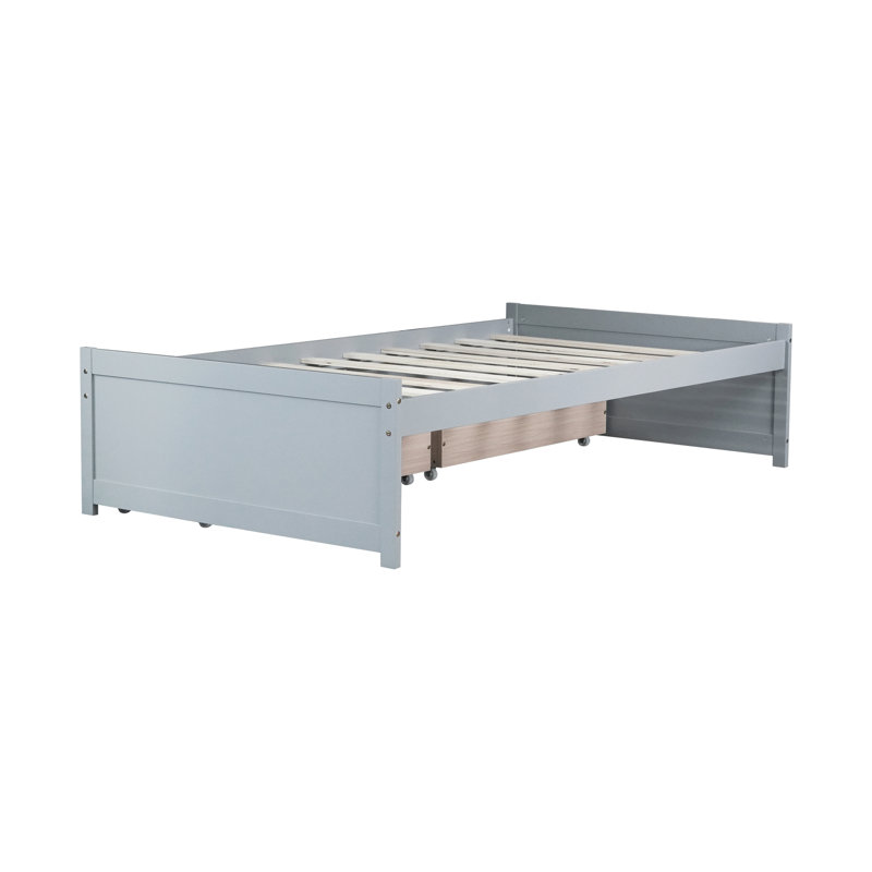 Lit simple en bois d'hévéa massif avec 2 tiroirs gris, lit au design moderne, avec tiroir coulissant lisse de taille grise en bois, pour le rangement du linge de maison et des accessoires