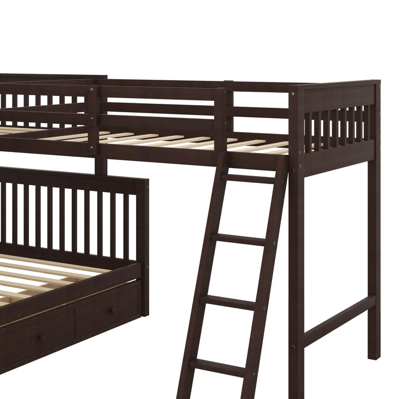 Lit superposé compact en forme de L avec lit supérieur simple et inférieur double et 3 tiroirs, Espresso