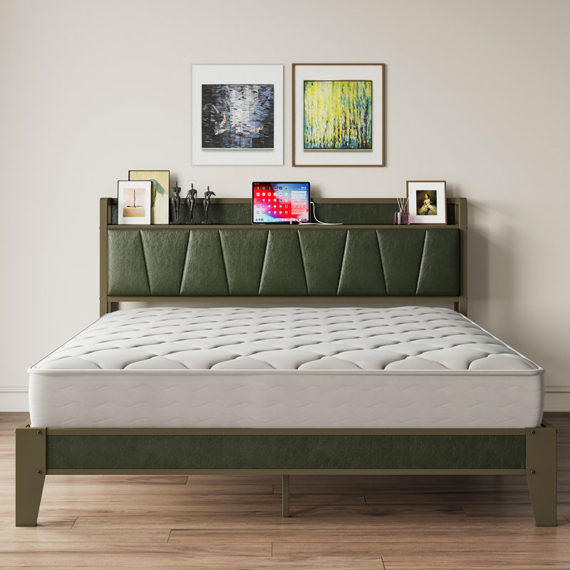 Lit plateforme tapissier vert foncé avec tête de lit et station de charge, Double, Dark Green