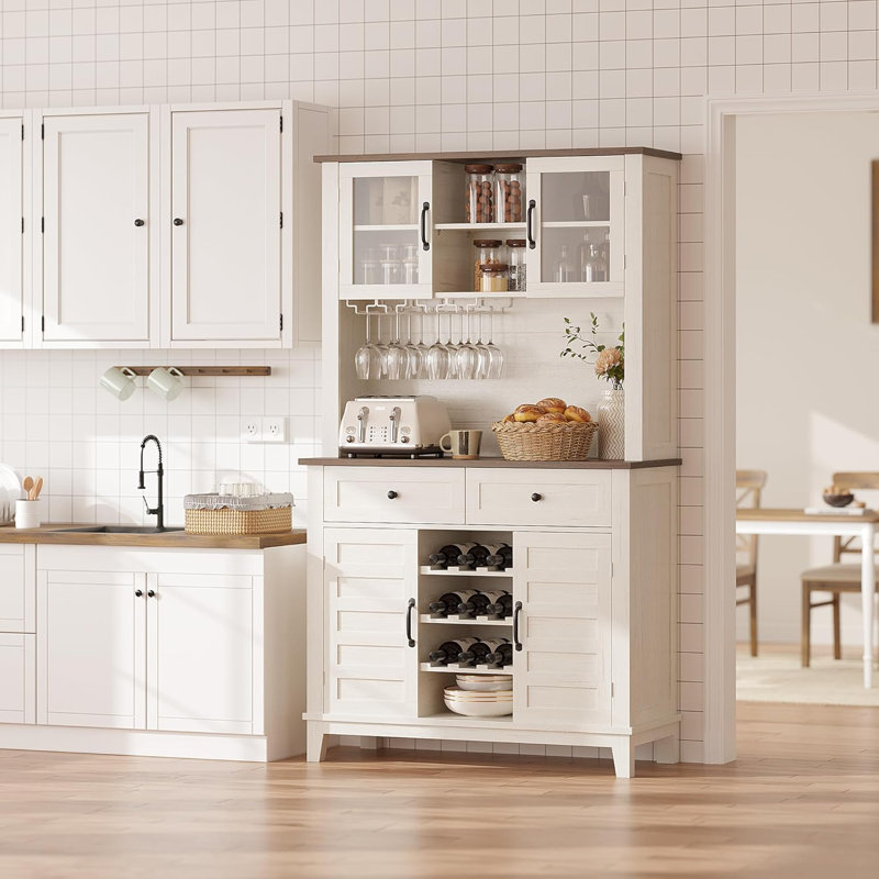 72" Tall Kitchen Pantry Cabinet with 4 Doors and 2 Drawers, Wine Rack, Large Kitchen Storage Adjustable Shelf for Dining Room, Coffee Wine Bar Counter