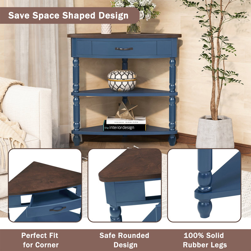 3-Tier End Corner Table, 33.8'' Triangle Wood Side Table, Solid Wood Legs, Dark Brown/Navy Blue