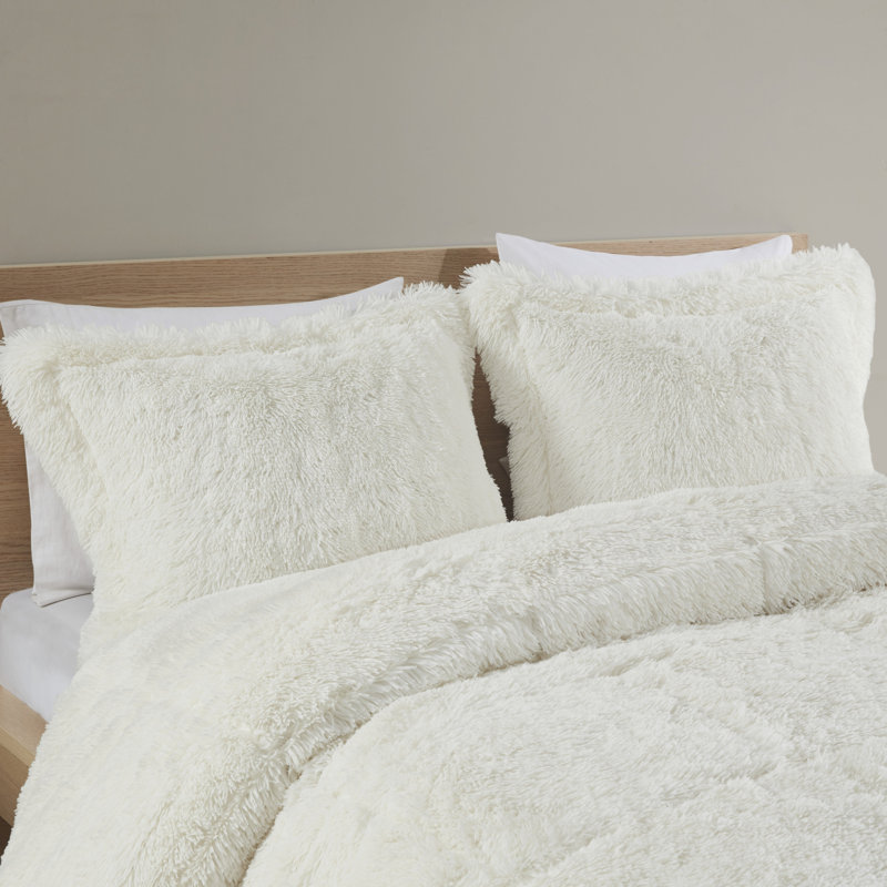 Full White Shaggy Faux Fur Comforter Set