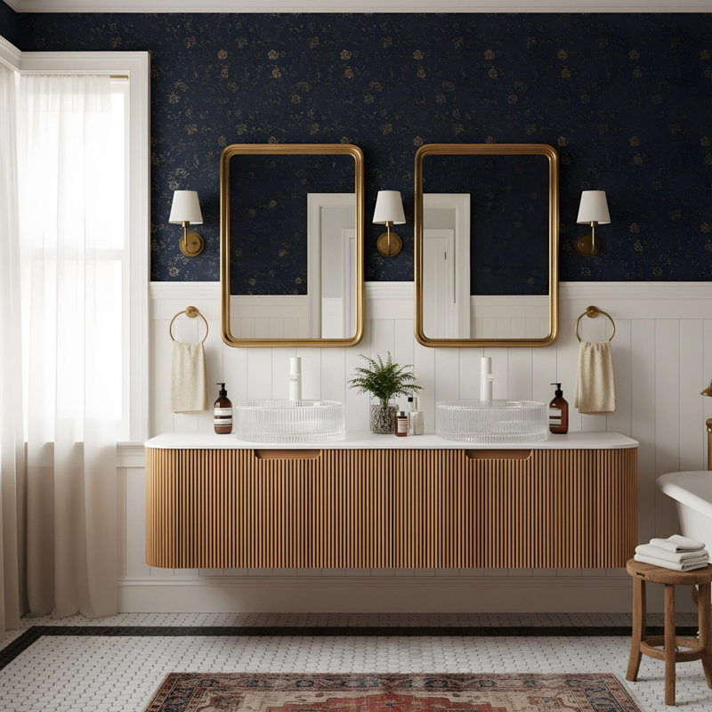Salle de bain murale 60 "avec 2 lavabos ronds en verre et 2 tiroirs