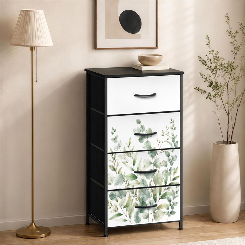 Commode à 4 tiroirs pour la chambre à coucher Design d'eucalyptus vert rustique Design floral tendance Grande petite commode à vêtements pour commode avec commode