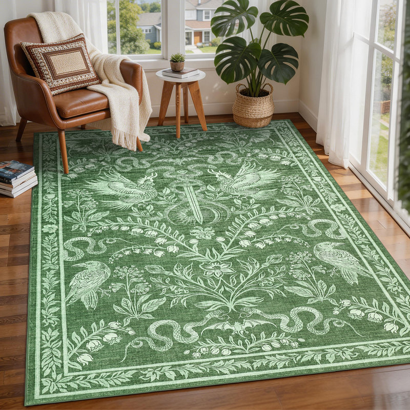 Floral Snake & Bird Print Machine Washable Area Rug with Non-Slip TPR Backing for Living Room Bedroom Dining, Soft Plush Foldable Carpet